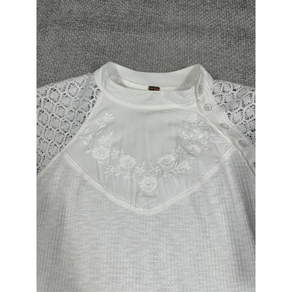 Free People Top Small Sweetest Thing Thermal White Embroidered Lace Long Sleeve - Picture 4 of 10